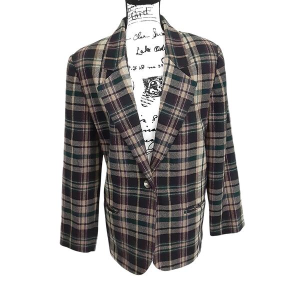 Vintage 1980s Wool Blend Blazer Jacket Tartan Plaid Green Purple Oversized Sz 16 - Picture 1 of 8